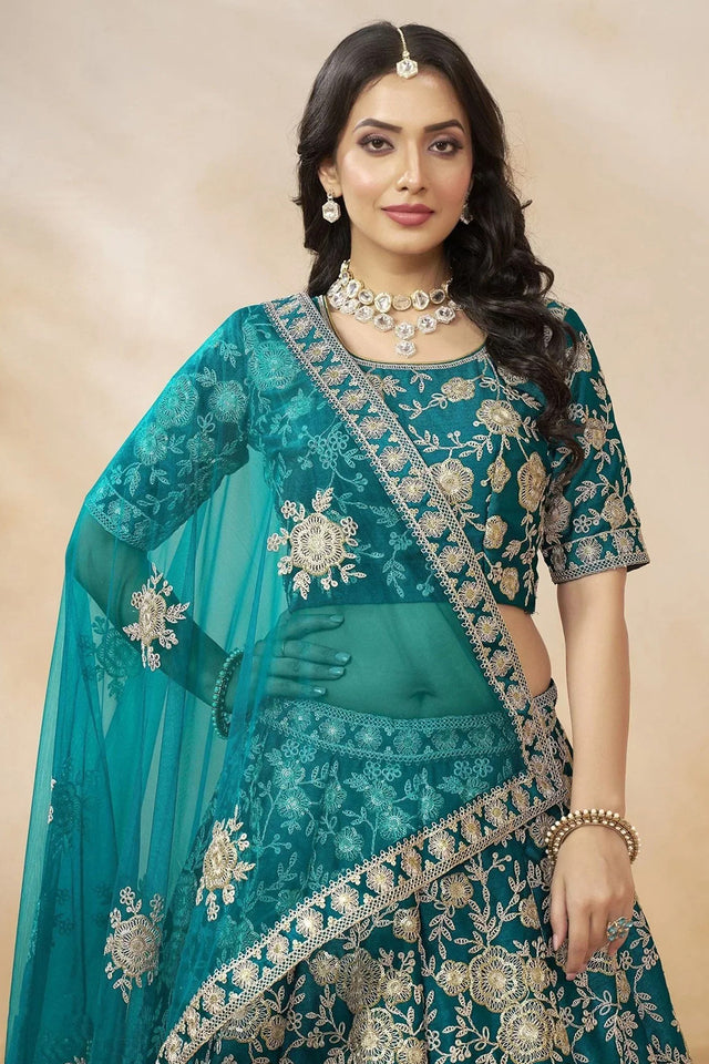 Green Sequin with Floral Embroidered Georgette Lehenga
