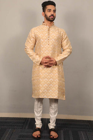 Beige Geometric Silk Men's Kurta Set
