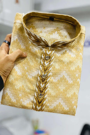 Beige Geometric Silk Men's Kurta Set