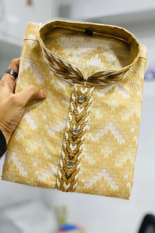 Beige Geometric Silk Men's Kurta Set