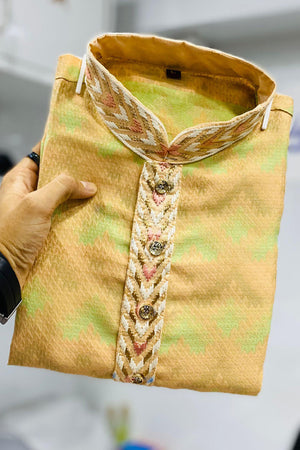 Yellow Geometric Silk Men's Kurta Set