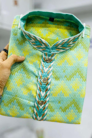 Green Geometric Silk Men's Kurta Set