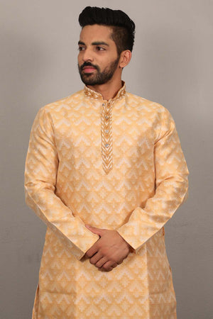 Yellow Geometric Silk Men's Kurta Set