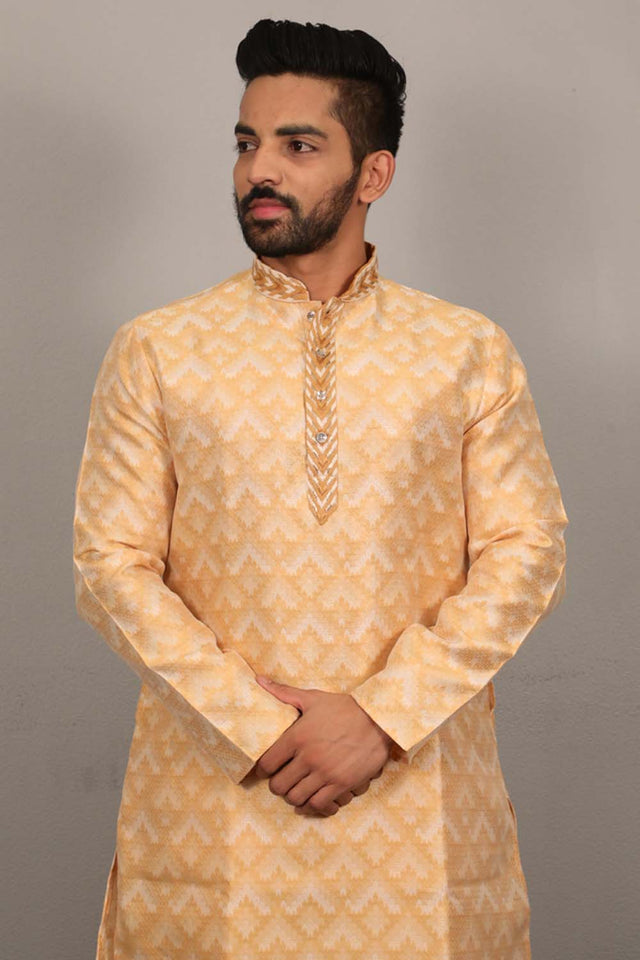 Yellow Geometric Silk Men's Kurta Set