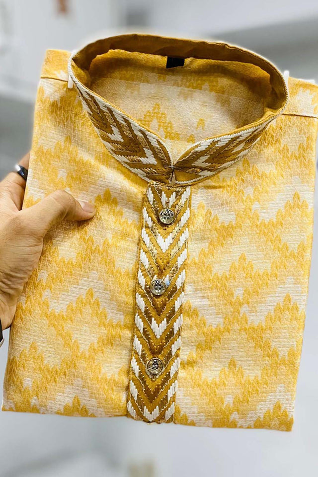 Yellow Geometric Silk Men's Kurta Set
