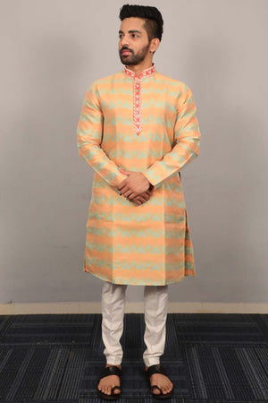 Yellow Geometric Silk Men's Kurta Set
