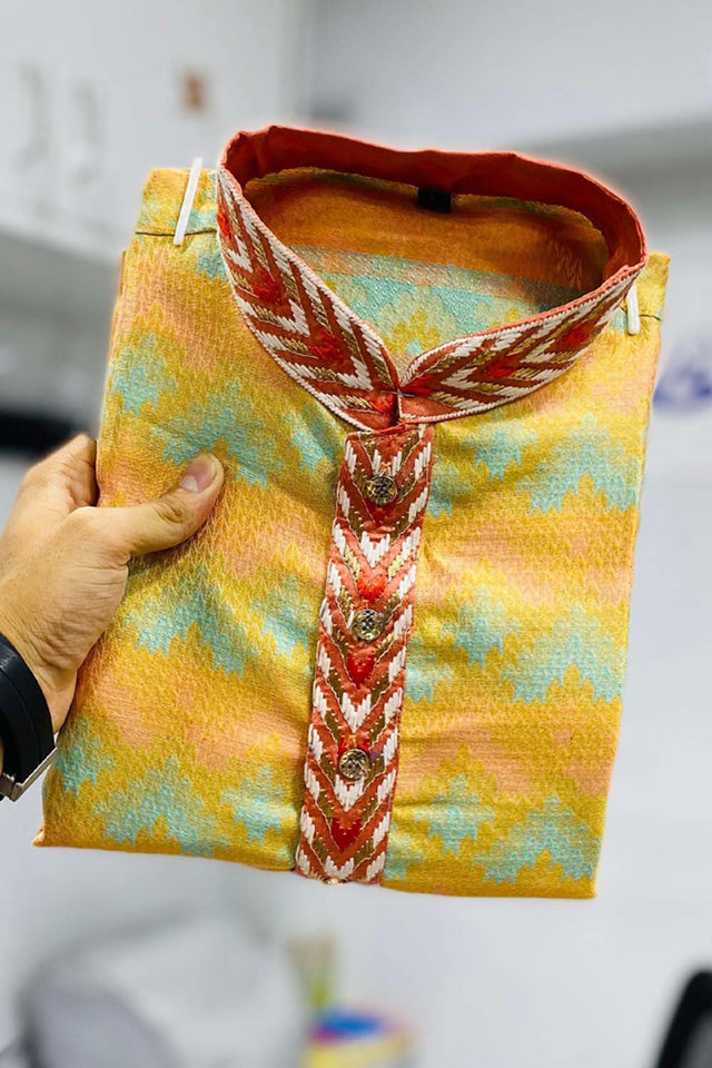 Yellow Geometric Silk Men's Kurta Set