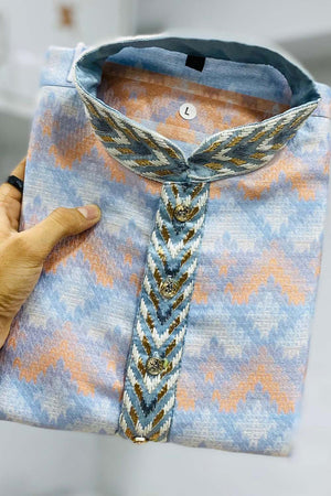 Blue Geometric Silk Men's Kurta Set