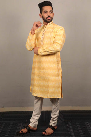 Yellow Geometric Silk Men's Kurta Set