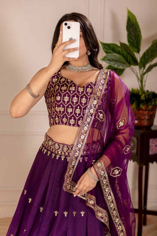 Wine Sequin with Embroidered Simmer Silk  Lehenga (MRA1102WINE)