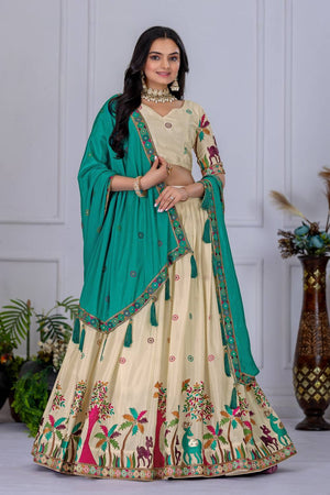 Off White Floral Embroidered  Chinon Silk Lehenga