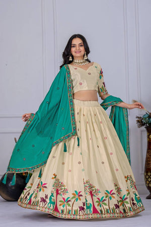 Off White Floral Embroidered  Chinon Silk Lehenga