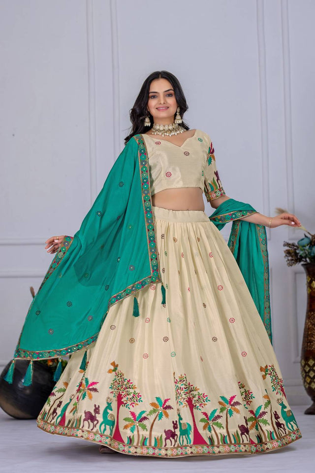 Off White Floral Embroidered  Chinon Silk Lehenga