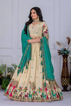 Off White Floral Embroidered  Chinon Silk Lehenga