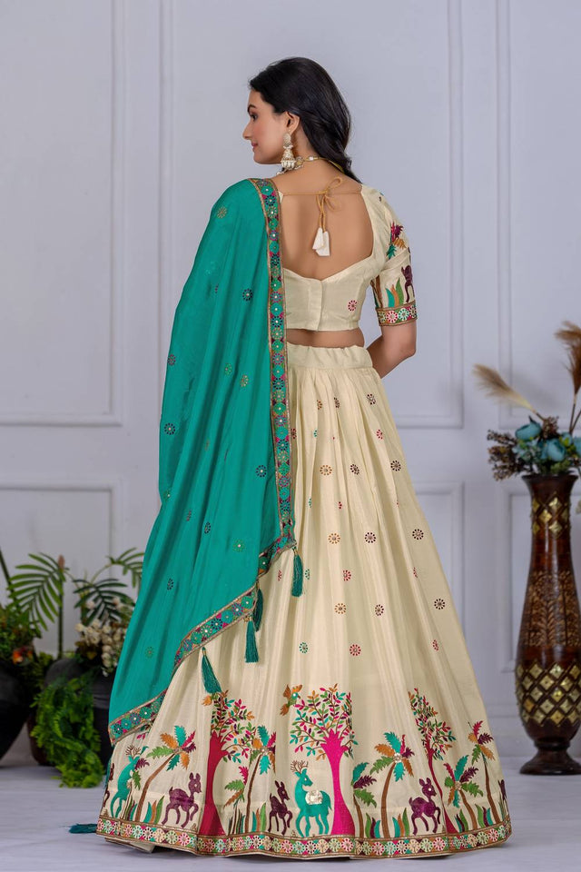 Off White Floral Embroidered  Chinon Silk Lehenga