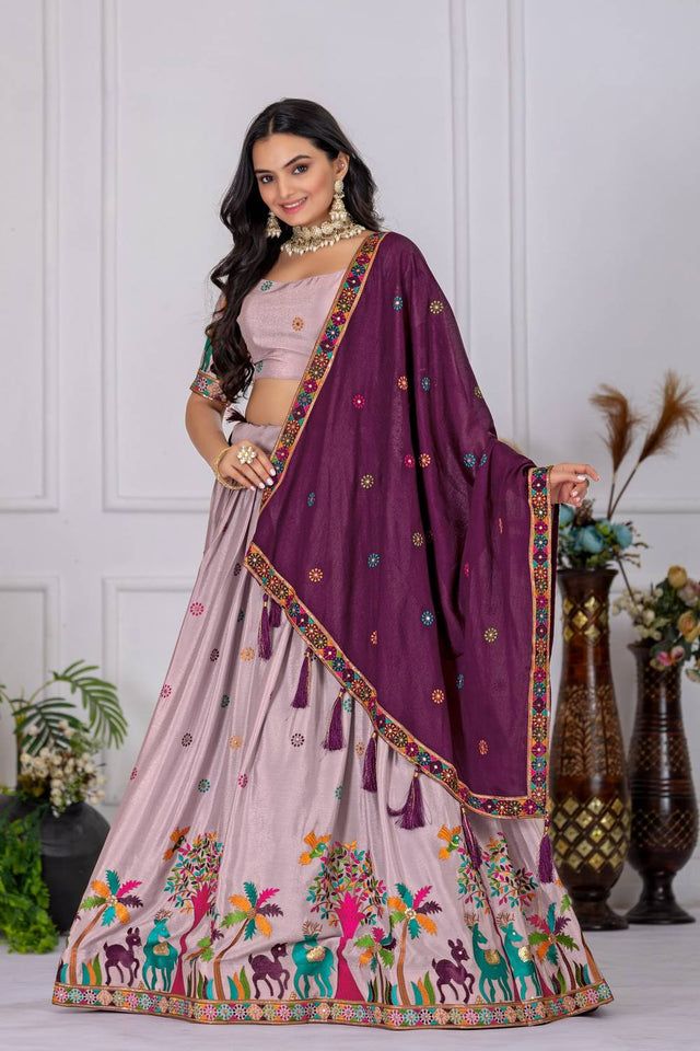 Lavender Floral Embroidered  Chinon Silk Lehenga