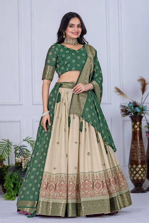 Green Floral Embroidered Lichi Fabric With Jacquard Border Lehenga