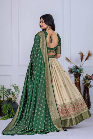 Green Floral Embroidered Lichi Fabric With Jacquard Border Lehenga