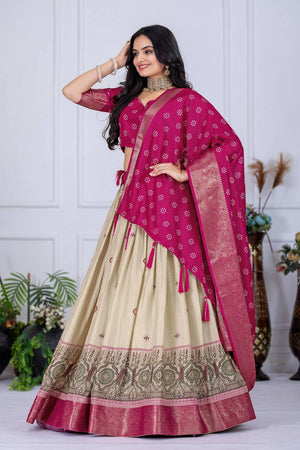 Pink Floral Embroidered Lichi Fabric With Jacquard Border Lehenga