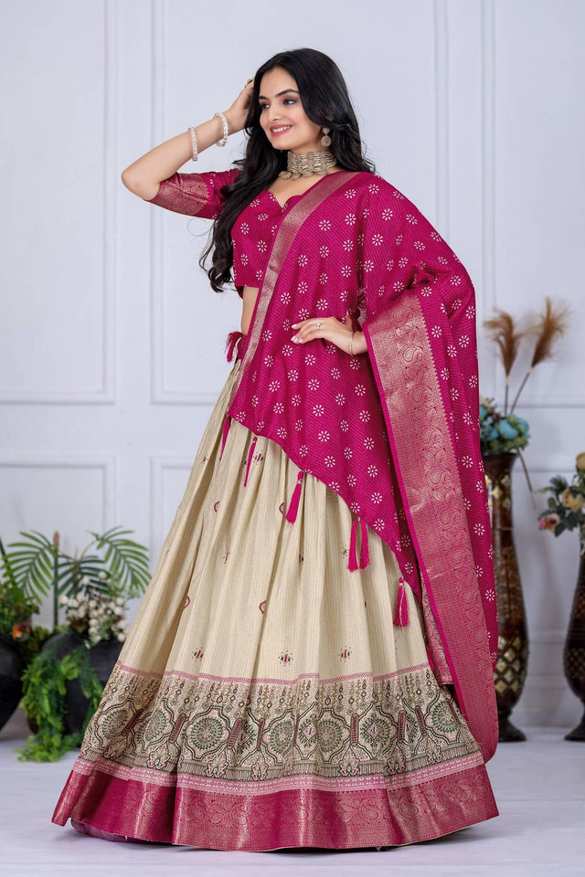 Pink Floral Embroidered Lichi Fabric With Jacquard Border Lehenga