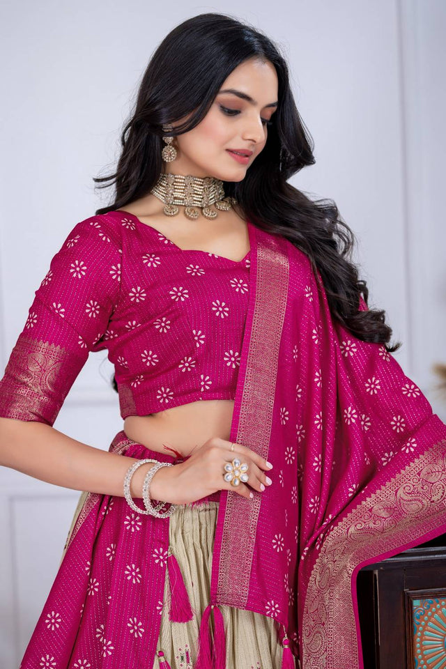 Pink Floral Embroidered Lichi Fabric With Jacquard Border Lehenga