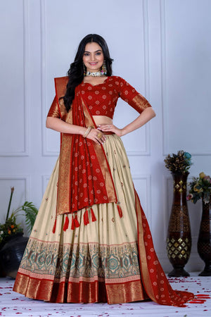 Red Floral Embroidered Lichi Fabric With Jacquard Border Lehenga