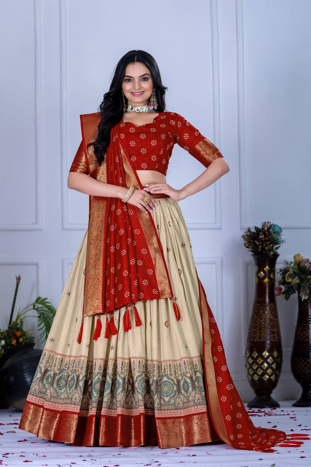 Red Floral Embroidered Lichi Fabric With Jacquard Border Lehenga