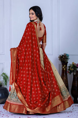 Red Floral Embroidered Lichi Fabric With Jacquard Border Lehenga
