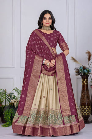 Wine Floral Embroidered Lichi Fabric With Jacquard Border Lehenga