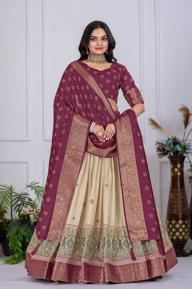 Wine Floral Embroidered Lichi Fabric With Jacquard Border Lehenga