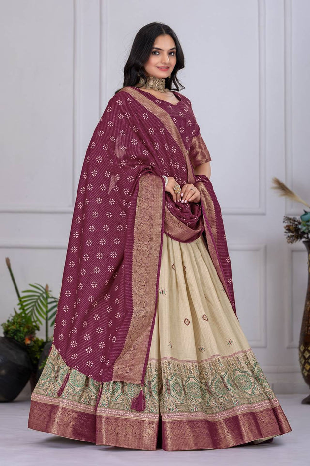 Wine Floral Embroidered Lichi Fabric With Jacquard Border Lehenga