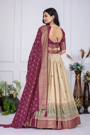 Wine Floral Embroidered Lichi Fabric With Jacquard Border Lehenga