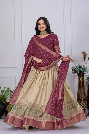 Wine Floral Embroidered Lichi Fabric With Jacquard Border Lehenga