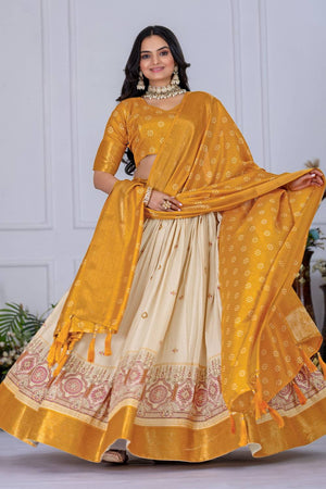 Yellow Floral Embroidered Lichi Fabric With Jacquard Border Lehenga