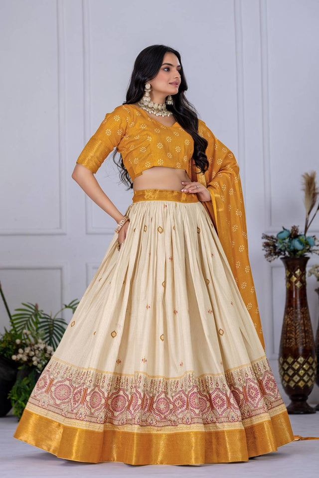Yellow Floral Embroidered Lichi Fabric With Jacquard Border Lehenga