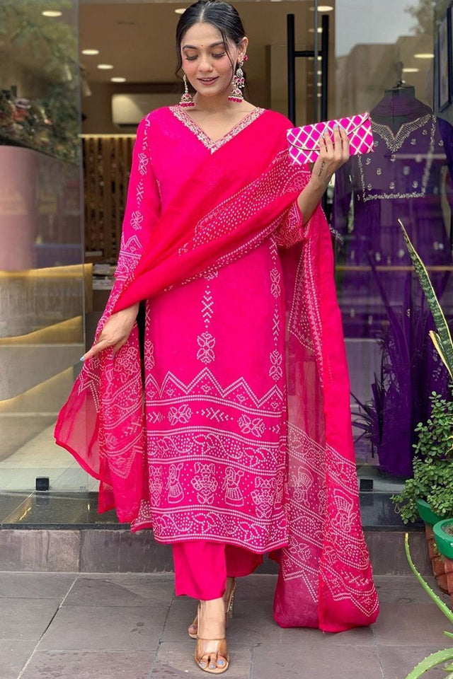 Pink Bandhani Printed Crepe Kurti Pant Set (MV-609-Pink)