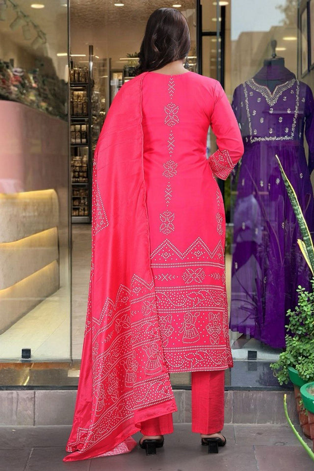 Pink Bandhani Printed Crepe Kurti Pant Set (MV-609-Pink)