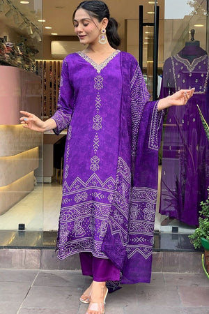 Violet Bandhani Printed Crepe Kurti Pant Set (MV-609-Purple)