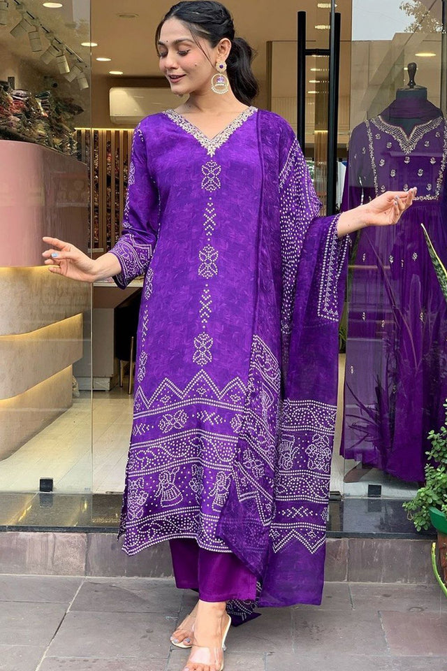 Violet Bandhani Printed Crepe Kurti Pant Set (MV-609-Purple)
