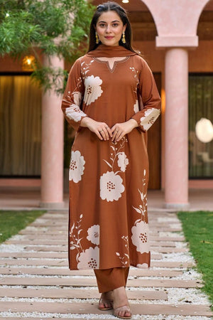 Brown Floral Printed Muslin Kurti Pant Set (MV-649)