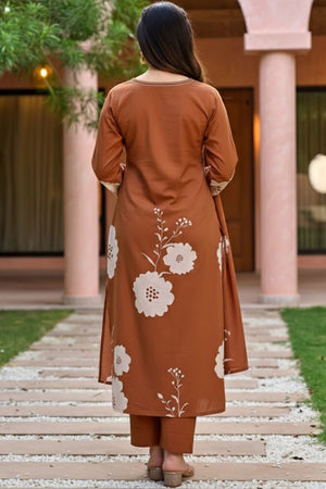 Brown Floral Printed Muslin Kurti Pant Set (MV-649)