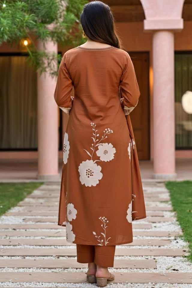 Brown Floral Printed Muslin Kurti Pant Set (MV-649)