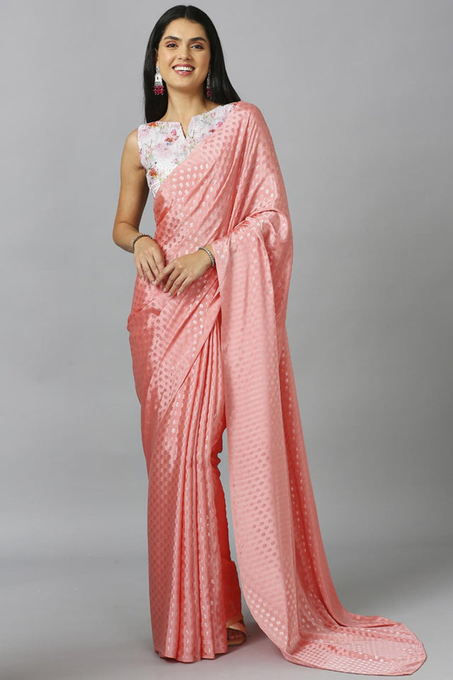 Baby Pink Chiffon Resham Embroidery Party Wear Designer Saree