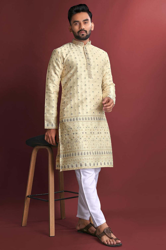 Beige Floral Silk Men's Kurta Set