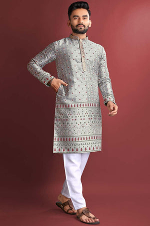 Grey Floral Silk Men's Kurta Set