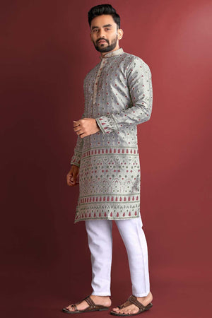 Grey Floral Silk Men's Kurta Set