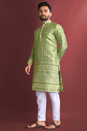 Green Floral Silk Men's Kurta Set