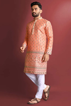 Orange Floral Silk Men's Kurta Set