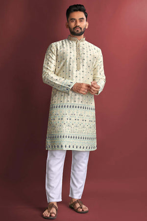 White Floral Silk Men's Kurta Set