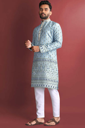 Blue Floral Silk Men's Kurta Set